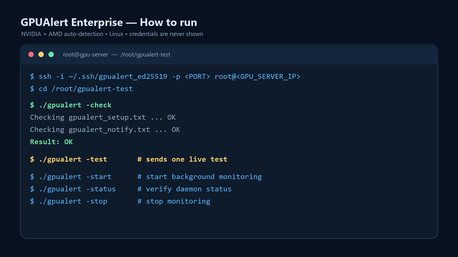GPUAlert Linux commands for checking configuration, testing notifications, starting, checking status and stopping the monitor