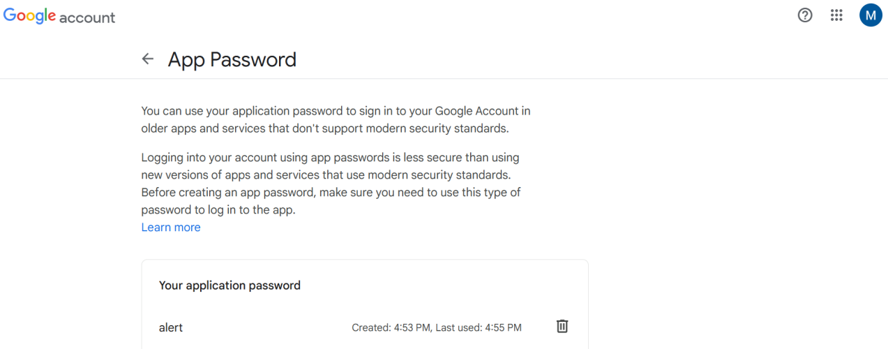 Gmail App Passwords screenshot